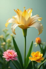 Obraz premium A delicate pale yellow flower blossoms majestically, its petals unfurling gracefully amidst a vibrant array of smaller companion blooms in soft pastel hues.