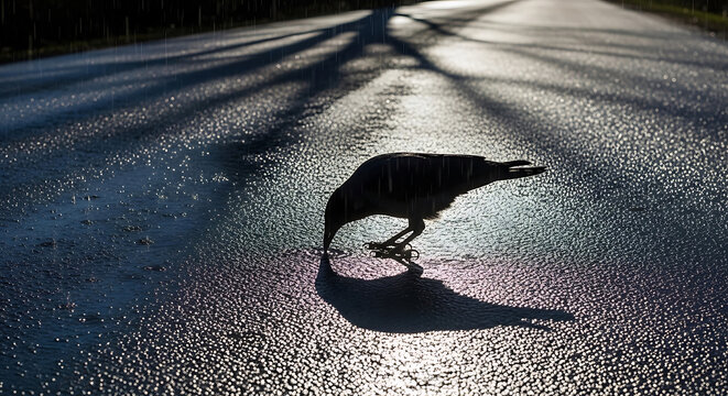 A single black crow standing on a wet dark asphalt road at night with reflection