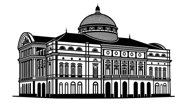 "Vector silhouette Amazon Theatre Manaus Brazil, Renaissance opera house landmark, ornate dome architecture illustration, cultural heritage monument artwork, historic building design, tourism"