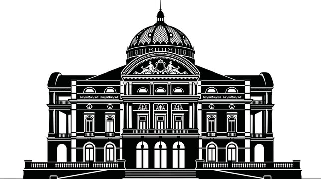 "Vector silhouette Amazon Theatre Manaus Brazil, Renaissance opera house landmark, ornate dome architecture illustration, cultural heritage monument artwork, historic building design, tourism"