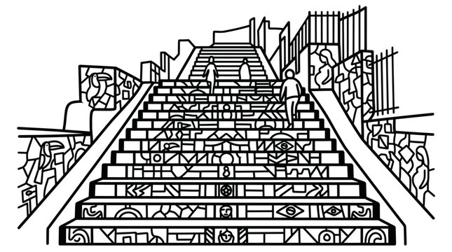 Vector silhouette Selar&oacute;n Steps Rio de Janeiro, iconic mosaic staircase landmark, stylized black and white illustration, cultural heritage artwork, urban art design, tourism, creativity, diversity