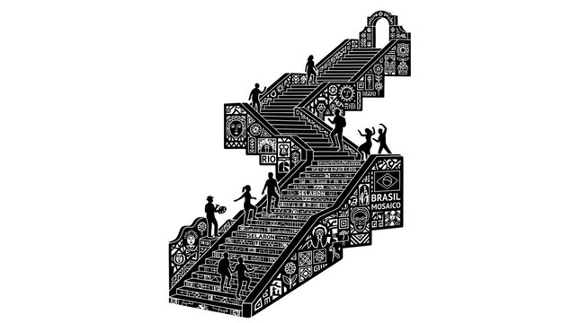 Vector silhouette Selar&oacute;n Steps Rio de Janeiro, iconic mosaic staircase landmark, stylized black and white illustration, cultural heritage artwork, urban art design, tourism, creativity, diversity
