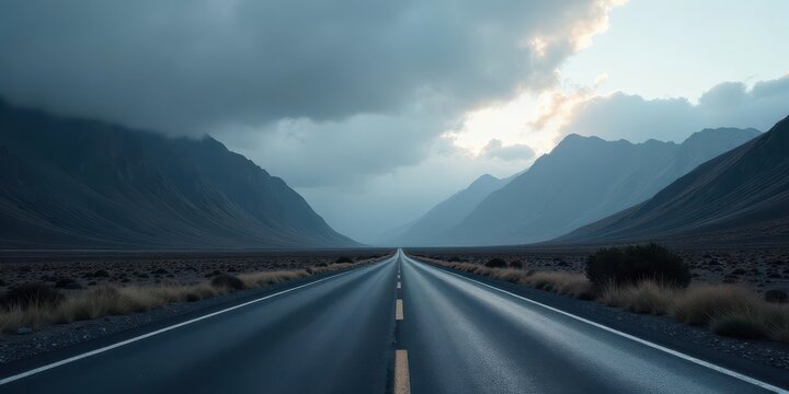 Asphalt ribbon unwinding towards a majestic mountain range under a brooding sky, a scene of serene solitude and the promise of adventure