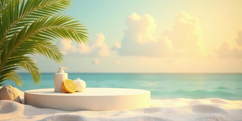 Obraz premium Serene Coastal Display White Product Stand with Tropical Elements on Sandy Beach at Sunset