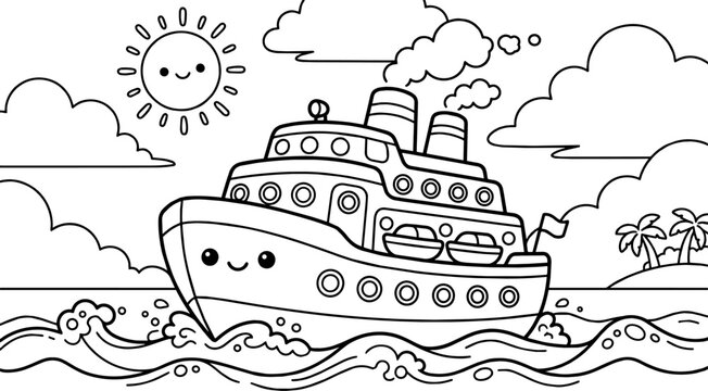 Cute Cartoon Cruise Ship Sailing on Ocean Waves Coloring Page.
