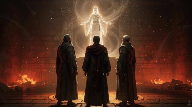 Mystical glowing spirit appears before three robed men in ancient stone chamber with fire and magical aura