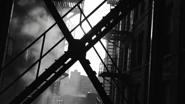 Black and white view of urban cityscape with metal fire escapes and billowing steam rising from city streets