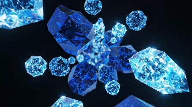 Abstract 3D animation of shimmering blue crystal formations floating in a dark space, geometric shapes