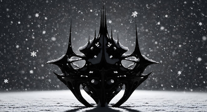 Dark abstract alien structure floating in a winter night with falling snowflakes