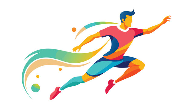 Abstract colorful silhouette of soccer player running with fluid wave patterns and circular elements