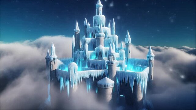 Enchanting Ice Castle Floating Amongst the Clouds Under a Serene Sky