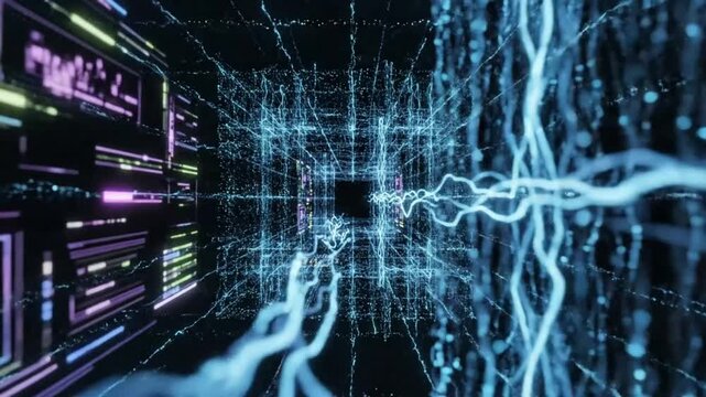 Futuristic digital abstract tunnel with data stream and software display screens inside a dark cyberspace environment