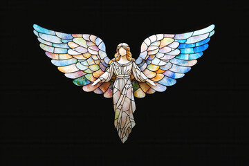 Naklejka premium Stained glass angel with outstretched wings, showcasing vibrant colors and intricate details, evokes sense of serenity and beauty