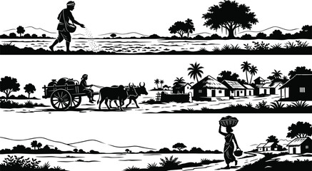 Fototapeta premium Black and white silhouette vector set, showing Asian farmer sowing seeds, bullock cart with harvest, and woman carrying basket in village.