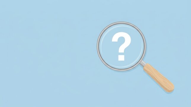 Researcher using Magnifying glass with question mark on light blue background. Searching for missing data, conducting investigative research, and inquiry concept.