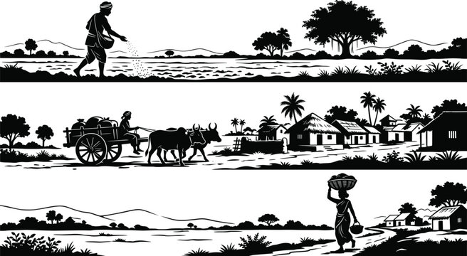 Black and white silhouette vector set, showing Asian farmer sowing seeds, bullock cart with harvest, and woman carrying basket in village.