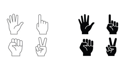 Obraz premium Human hand gesture icon set featuring open palm pointing finger fist and peace sign in outline and solid black vector styles for user interface interaction and digital navigation designs