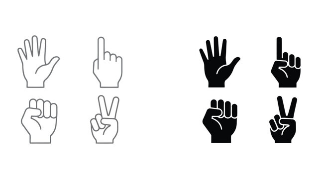 Human hand gesture icon set featuring open palm pointing finger fist and peace sign in outline and solid black vector styles for user interface interaction and digital navigation designs