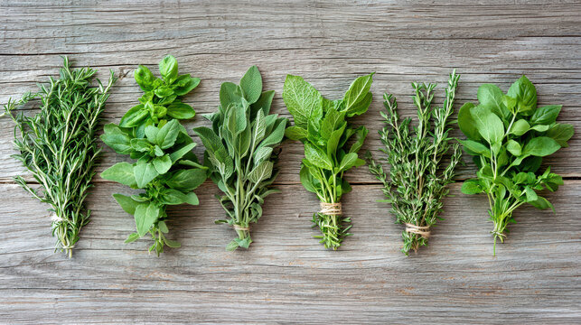 Fresh herbs including rosemary, mint, sage, thyme, and basil arranged on rustic wooden surface create vibrant and aromatic display
