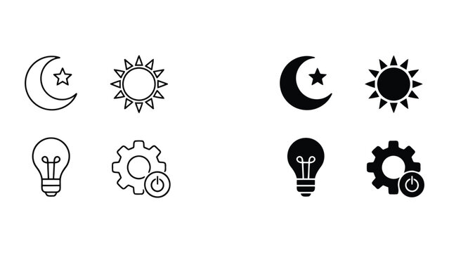 Light and dark mode environment icon set featuring moon star sun lightbulb and gear with power button in outline and solid black for UI interface theme switching and system settings