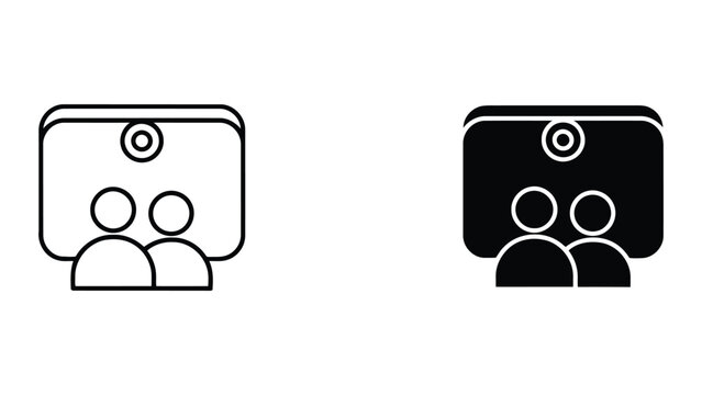 Video conference meeting communication icon set featuring two people in front of a screen display in outline and solid styles for remote work virtual team collaboration and business connectivity
