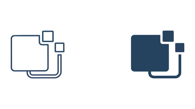 Data management and file layering icon set featuring overlapping square blocks with connection lines in outline and solid styles for software architecture and digital infrastructure visualization