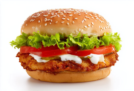 a chicken burger with lettuce, tomato, and mayonnaise on a plain white background.