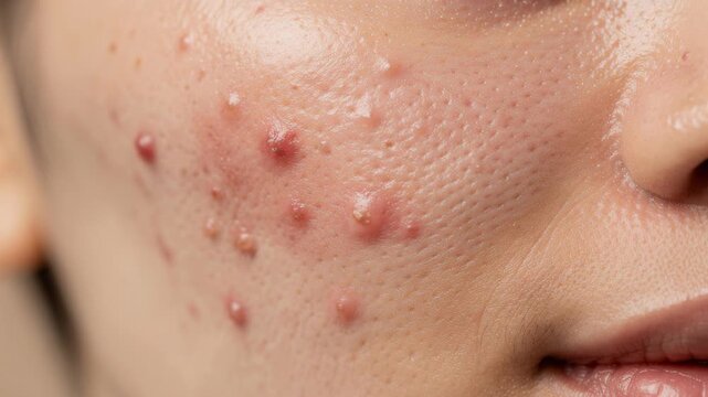 Close up of human face with acne and pimples showing skin condition and blemishes