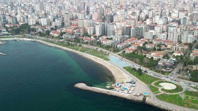 Erenkoy Public Beach, sunny weather in Istanbul, rotation shot