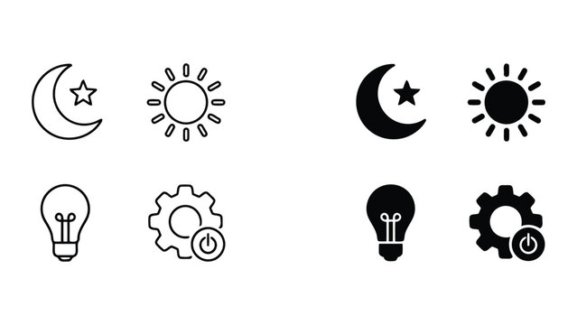 General utility and system icon set featuring moon star sun lightbulb and power gear in outline and solid styles for night mode display settings and application management interface design