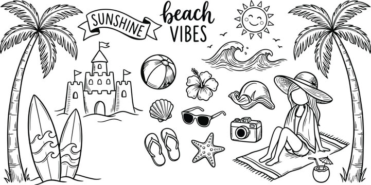 Summer Beach Collection Line Art Illustration with Tropical Elements