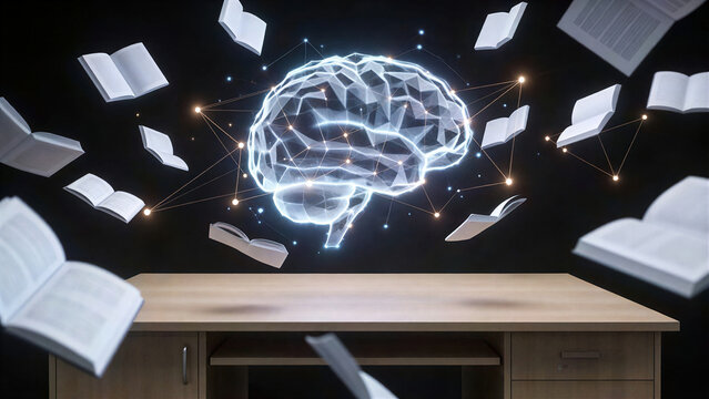 Glowing Digital Brain Made of Flying Pages Above Wooden Study Desk