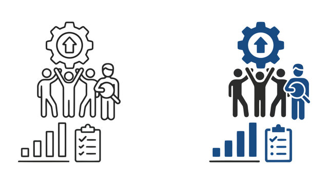 Team success and professional project milestone icon set with gears and checklist as a flat vector illustration with outline and filled color styles for corporate achievement and goal tracking