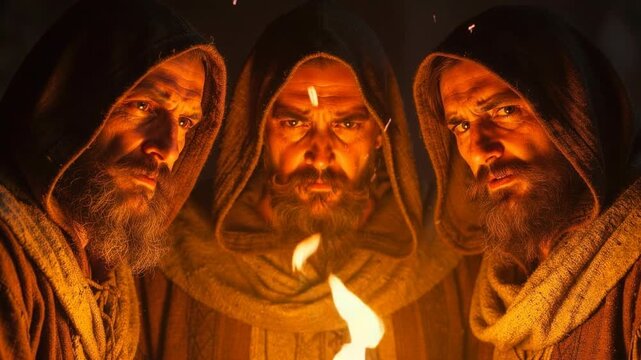 Mysterious bearded men in medieval hooded robes illuminated by warm firelight in dark setting