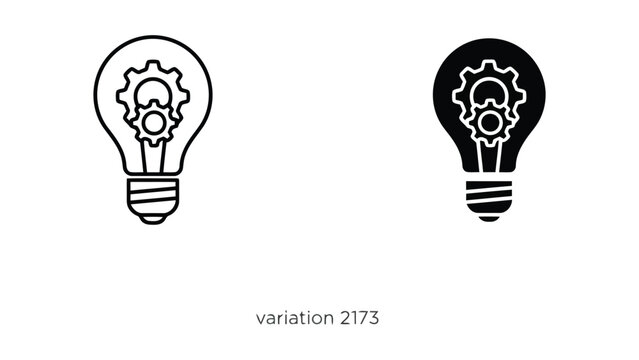 Light bulb icon set with integrated mechanical gears for creative innovation and problem solving concept in linear and solid black vector style for technical brainstorming and startup projects