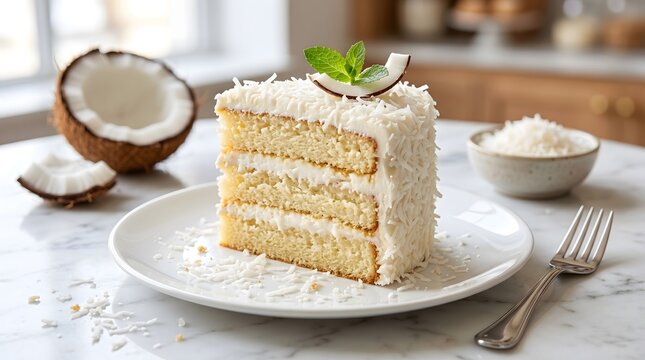 Delicious coconut cream cake slice with fresh coconut and whipped cream on marble surface