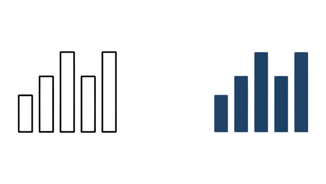Bar chart graph signal strength icons in outline and solid black vector style for data visualization network connectivity and performance monitoring user interface components for mobile applications