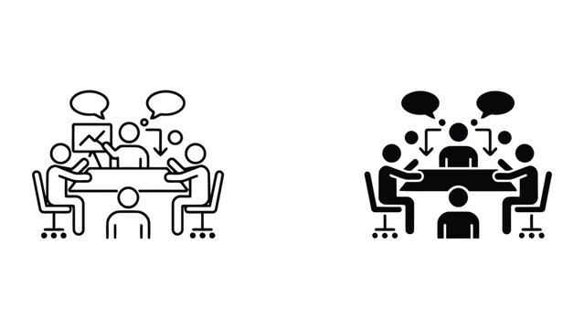 Corporate meeting and group discussion vector icon set featuring team members around a table with data charts and speech bubbles for professional business collaboration and planning