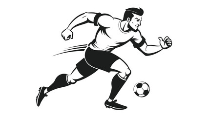 Fototapeta premium Soccer player kicking ball, vector monochrome illustration of male athlete in action during football game
