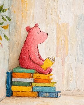 Vertical expressive impasto painting of a whimsical pink bear reading atop a colorful book stack in cozy corner for children's educational storytelling artwork