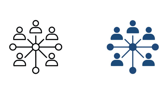 Centralized team management icon showing hub and spoke network model with multiple user connections for organizational structure and administrative communication flow in professional vector design
