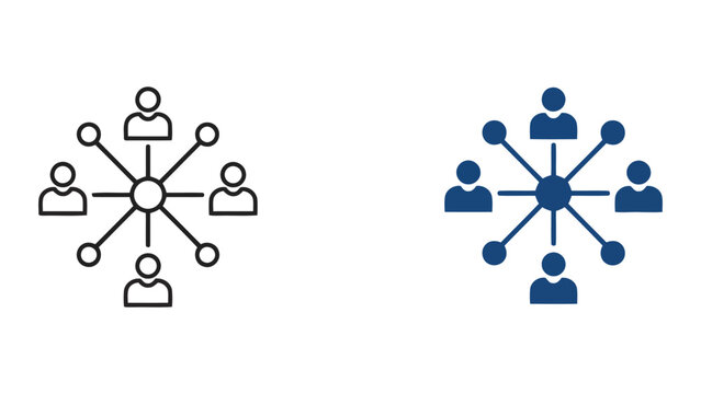 Business team hierarchy network icon with central node and multiple user connections for organizational management and professional team structure representation in a clean vector graphic format