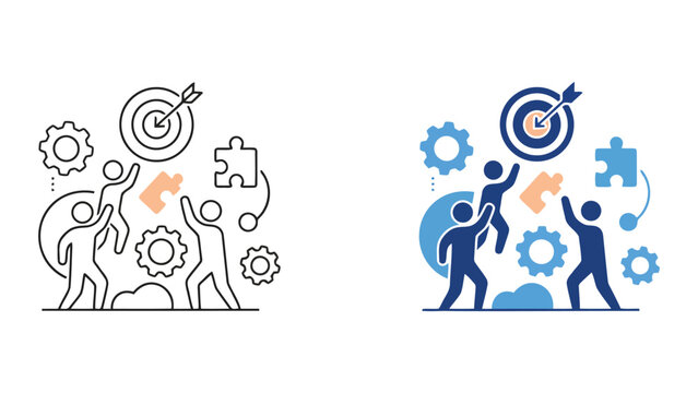 Teamwork and problem solving puzzle icon showing people with gear and target for collaborative project management and creative strategy in modern professional vector illustration graphic design