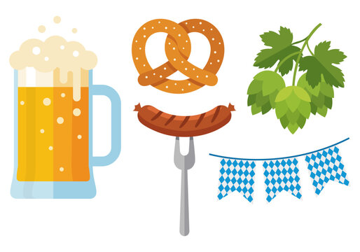 Oktoberfest Traditional Festival Elements Including Beer Mug Pretzel Sausage Hops and Banners Design