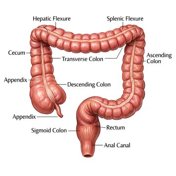 Anatomical Illustration of Human Large Intestine with Labeled Colon Segments