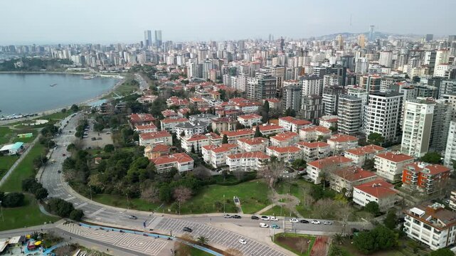 Istanbul Suadiye Park at the Marmara sea shore, parallel flying shot