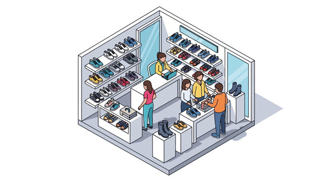 Isometric shoe store interior with people shopping at retail boutique