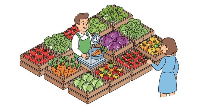 Farmers market stall isometric illustration with vendor weighing vegetables for customer