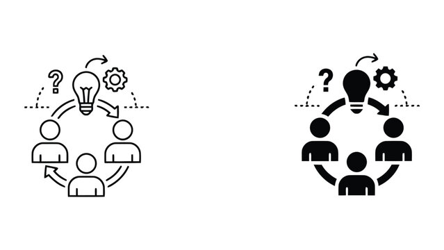 Professional team working in a cycle with circular arrows representing iterative progress in flat vector icon style