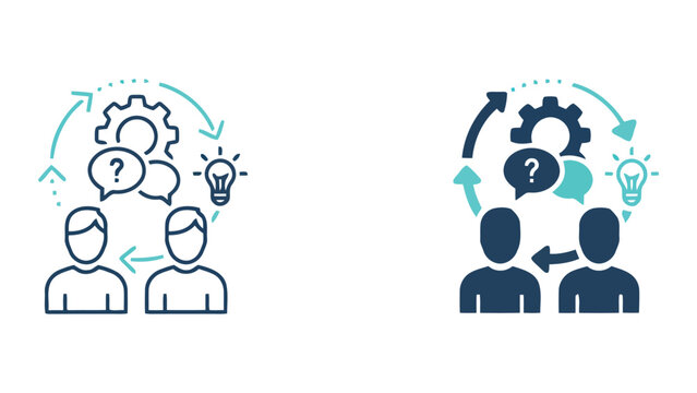 Group meeting interaction with speech bubbles and search checkmark icons depicting team communication and quality assurance process in a professional vector graphic style for business documentation